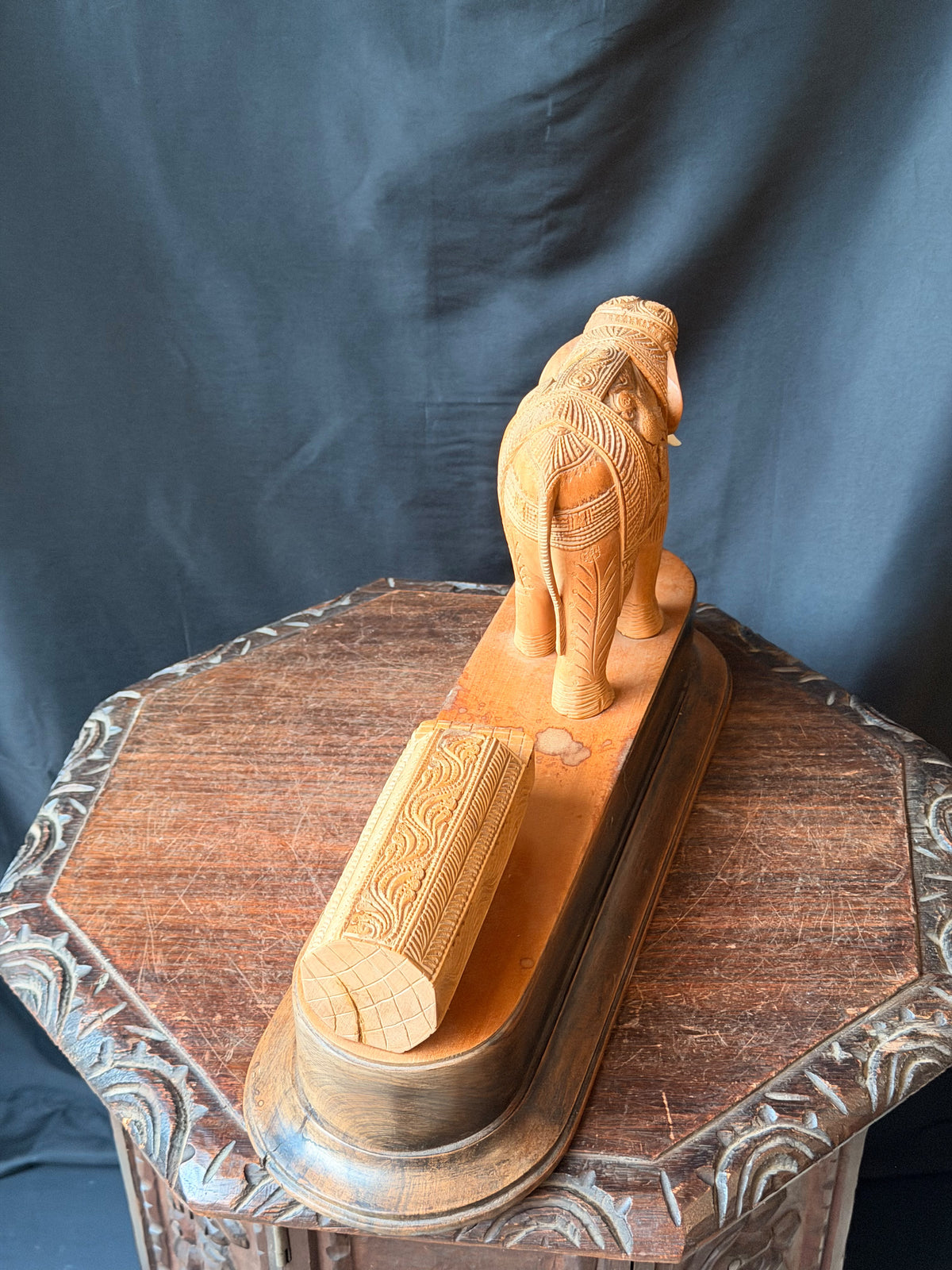 Vintage Indian Mysore Hand Carved Elephant Pulling Log Sculpture on Base 17.6 in