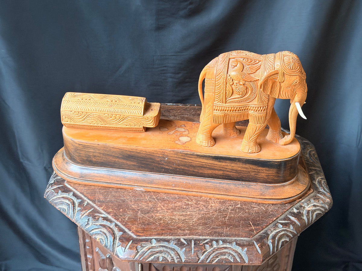 Vintage Indian Mysore Hand Carved Elephant Pulling Log Sculpture on Base 17.6 in