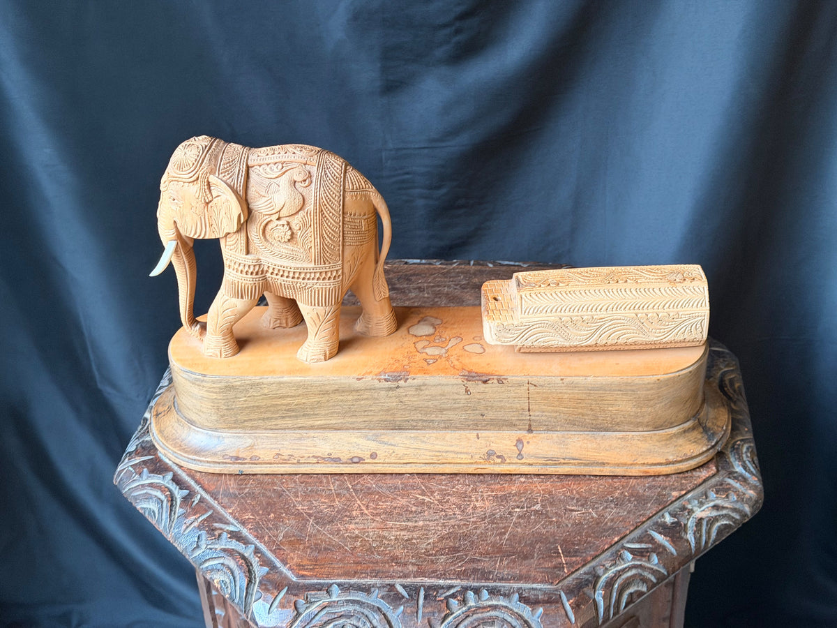 Vintage Indian Mysore Hand Carved Elephant Pulling Log Sculpture on Base 17.6 in