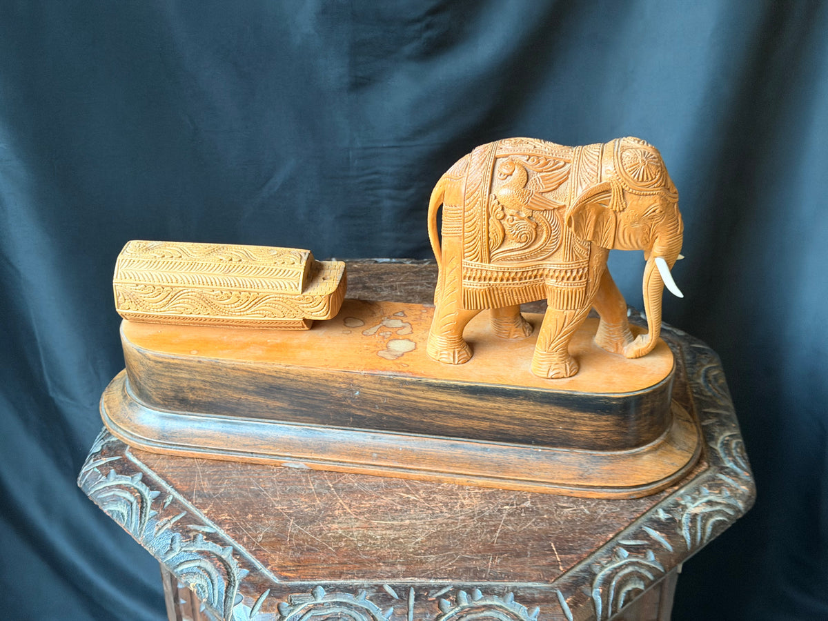 Vintage Indian Mysore Hand Carved Elephant Pulling Log Sculpture on Base 17.6 in