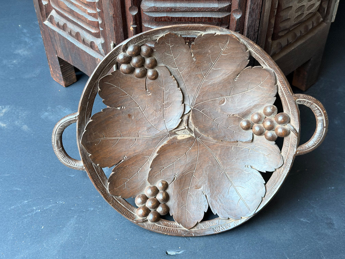 Vintage Hand Carved Wood Musical Fruit Bowl Grape Leaf Music Box Works 11 in