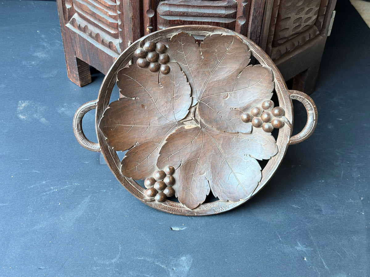 Vintage Hand Carved Wood Musical Fruit Bowl Grape Leaf Music Box Works 11 in