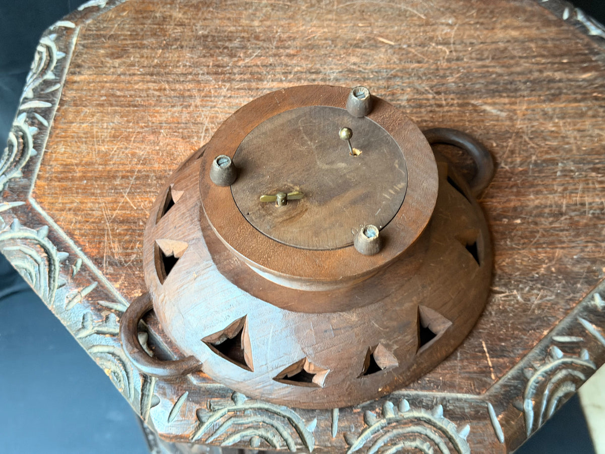 Vintage Hand Carved Wood Musical Fruit Bowl Grape Leaf Music Box Works 11 in