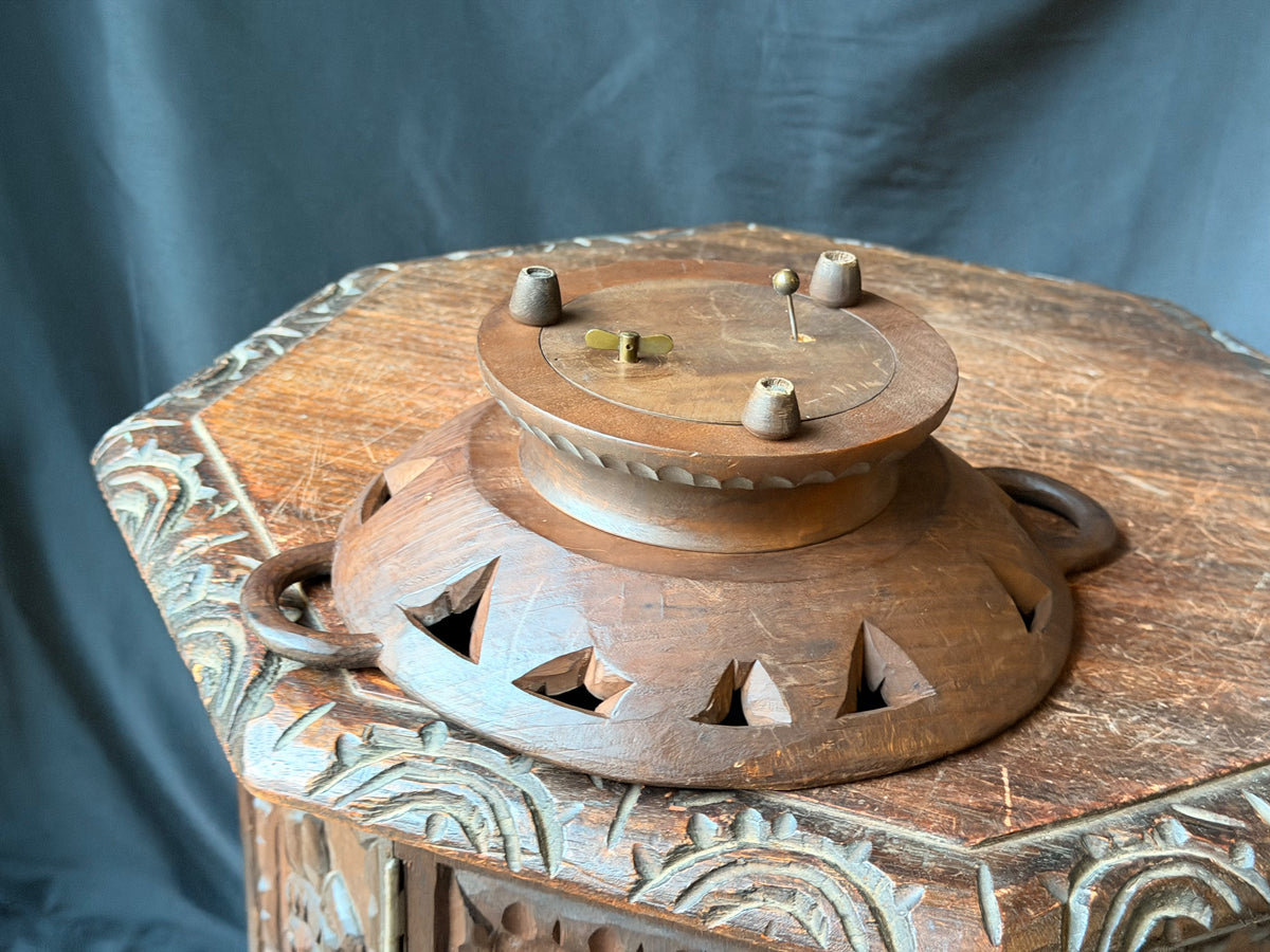 Vintage Hand Carved Wood Musical Fruit Bowl Grape Leaf Music Box Works 11 in