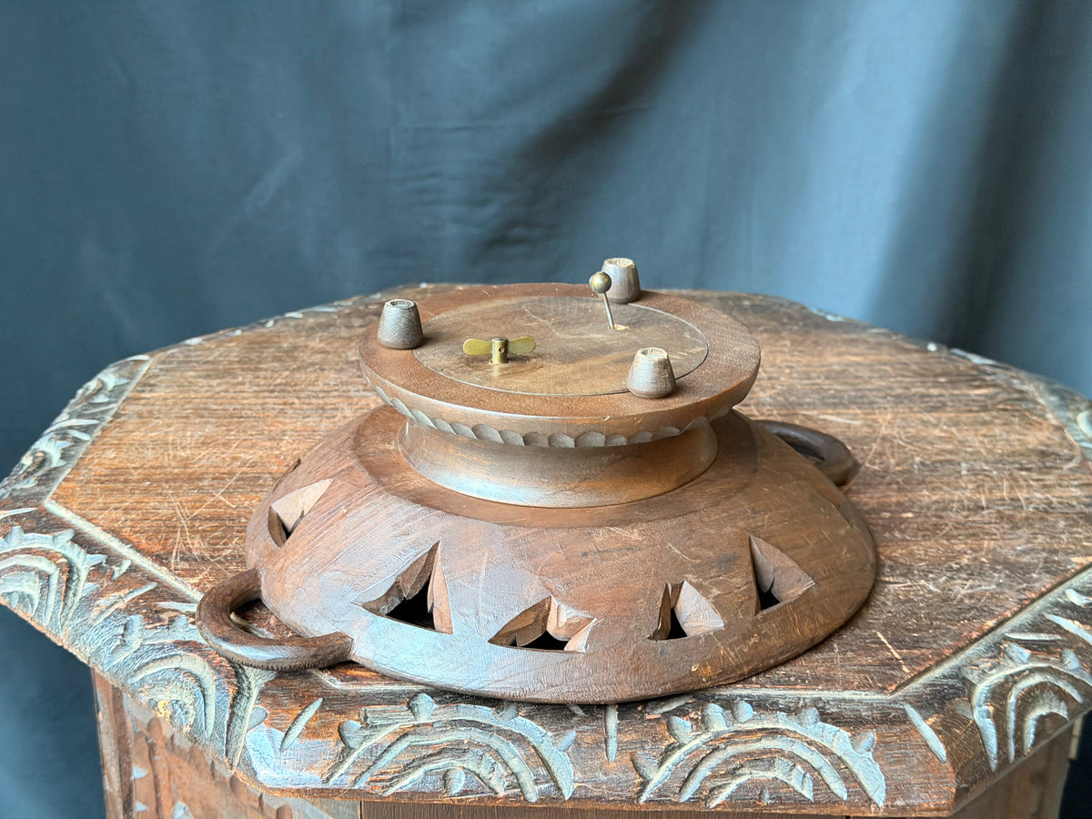 Vintage Hand Carved Wood Musical Fruit Bowl Grape Leaf Music Box Works 11 in
