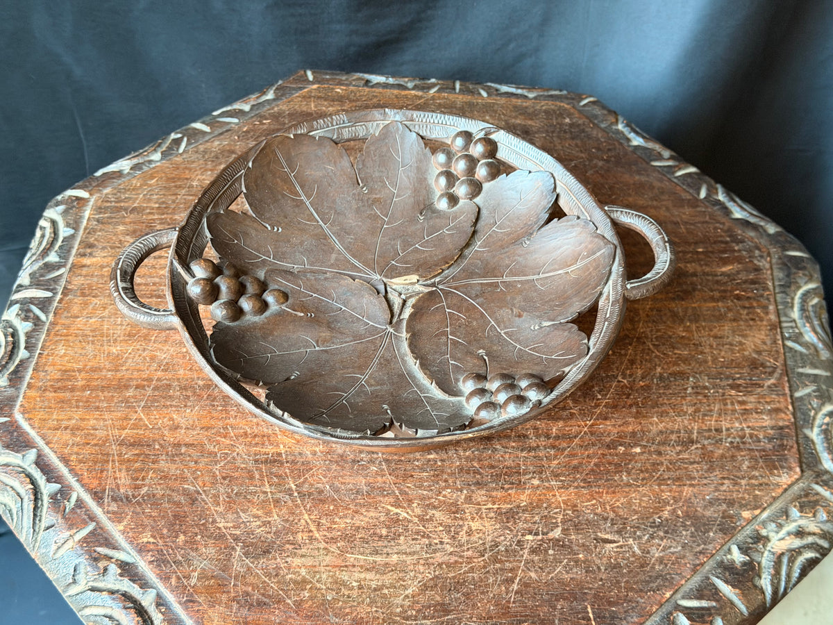Vintage Hand Carved Wood Musical Fruit Bowl Grape Leaf Music Box Works 11 in