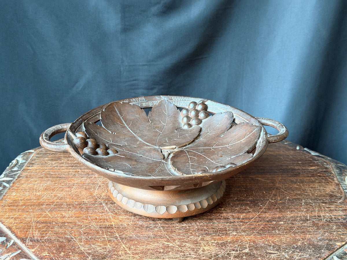 Vintage Hand Carved Wood Musical Fruit Bowl Grape Leaf Music Box Works 11 in