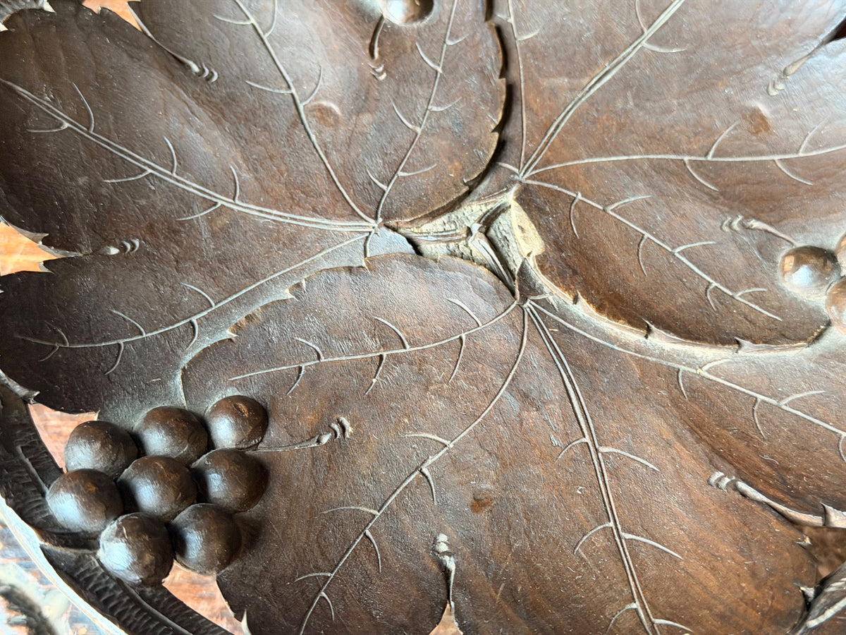 Vintage Hand Carved Wood Musical Fruit Bowl Grape Leaf Music Box Works 11 in