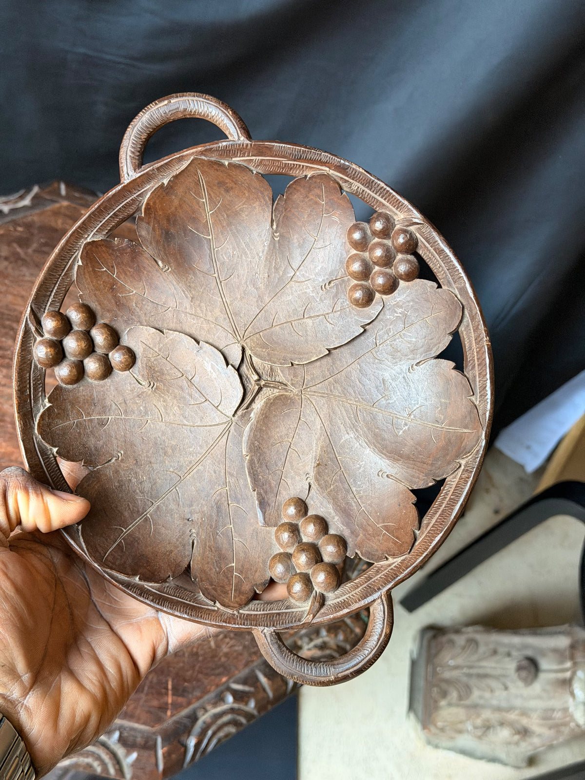 Vintage Hand Carved Wood Musical Fruit Bowl Grape Leaves Music Box Works 11 in