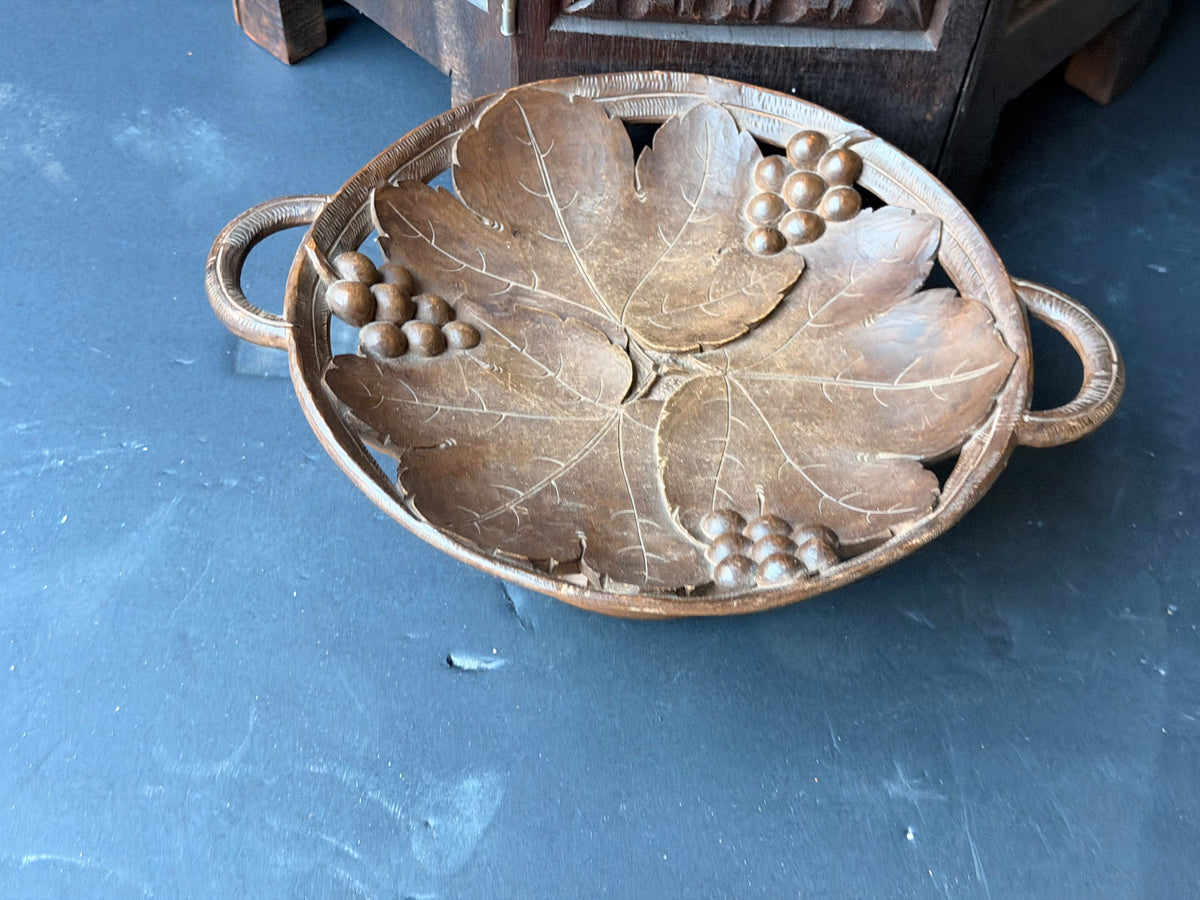 Vintage Hand Carved Wood Musical Fruit Bowl Grape Leaves Music Box Works 11 in