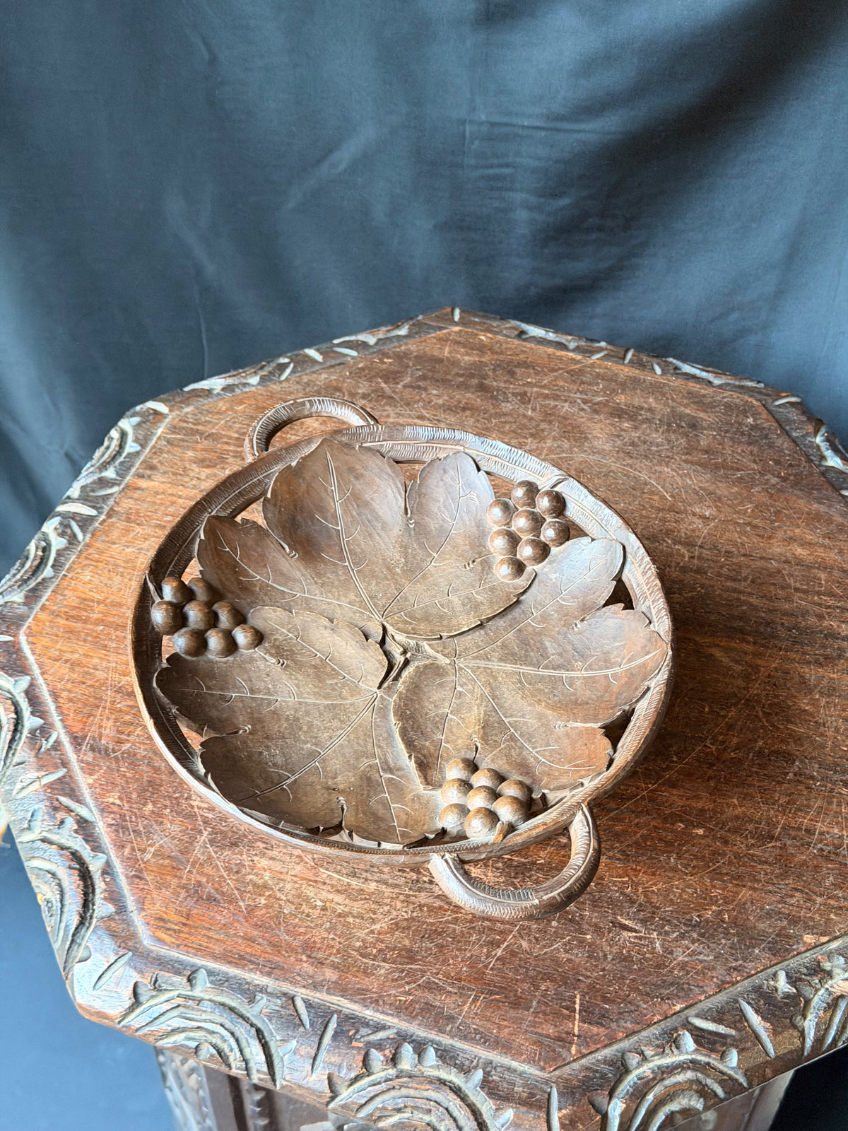 Vintage Hand Carved Wood Musical Fruit Bowl Grape Leaves Music Box Works 11 in