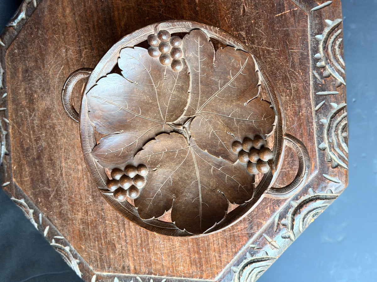 Vintage Hand Carved Wood Musical Fruit Bowl Grape Leaves Music Box Works 11 in