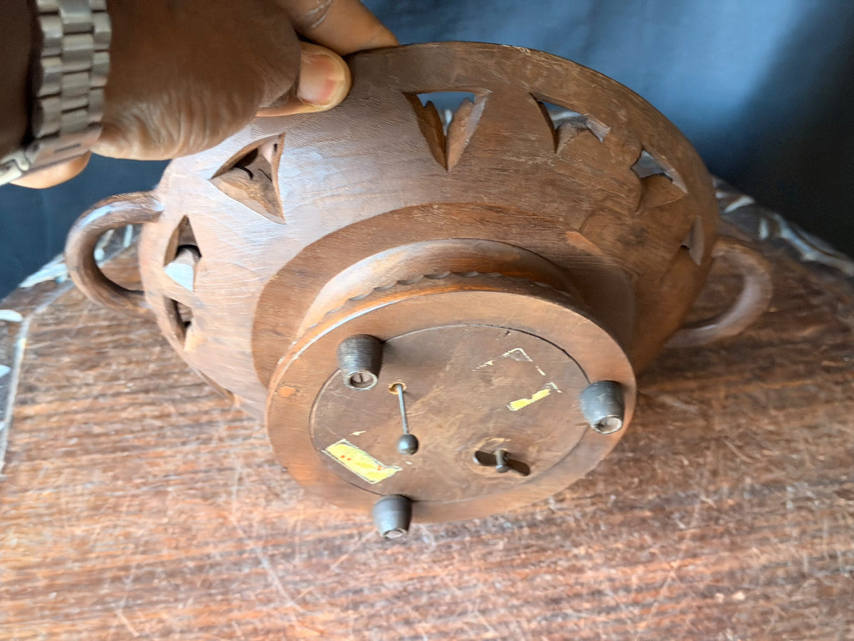 Vintage Hand Carved Wood Musical Fruit Bowl Grape Leaves Music Box Works 11 in