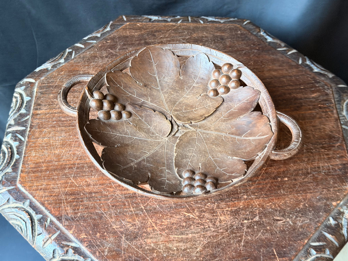 Vintage Hand Carved Wood Musical Fruit Bowl Grape Leaves Music Box Works 11 in