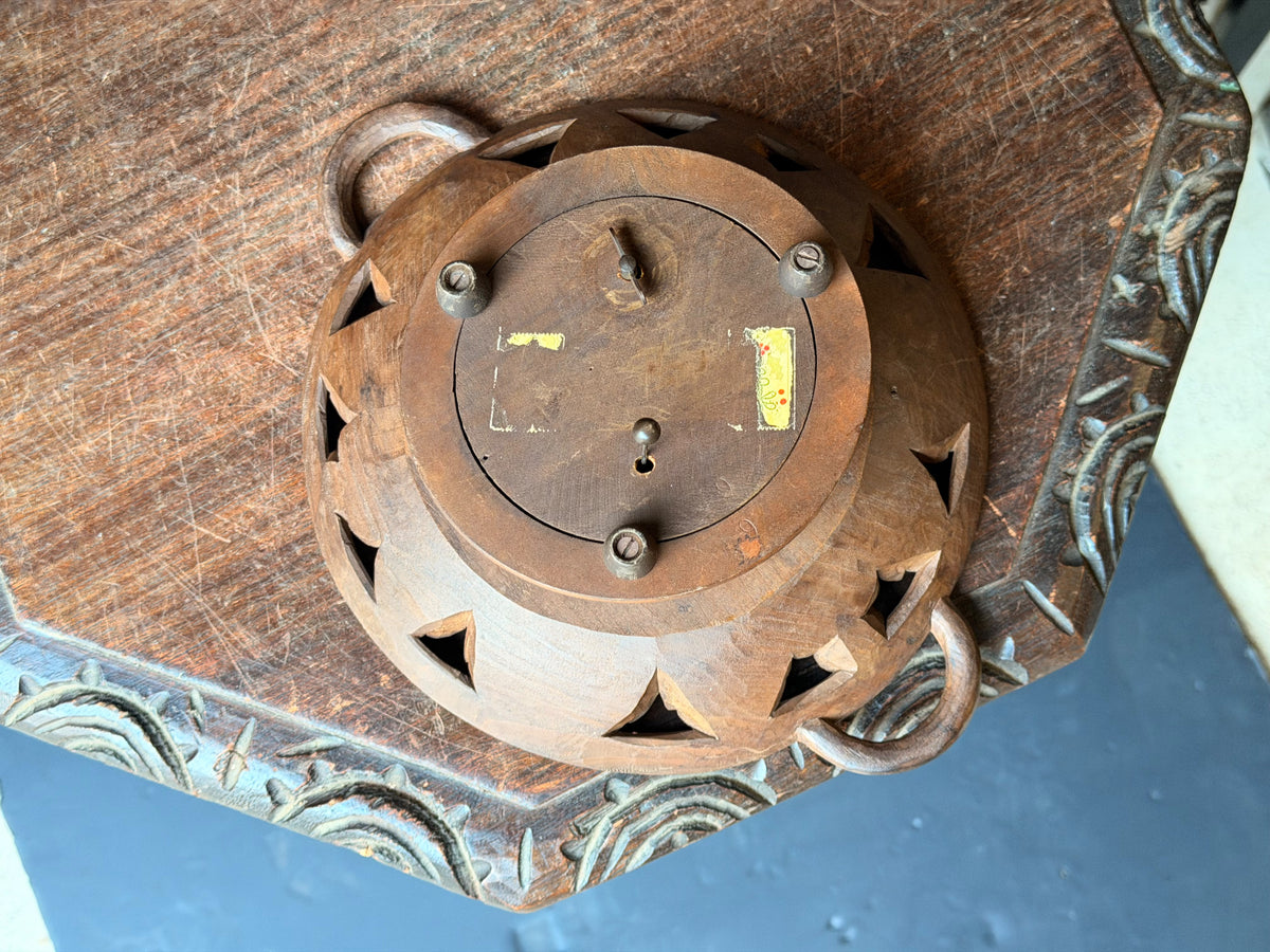 Vintage Hand Carved Wood Musical Fruit Bowl Grape Leaves Music Box Works 11 in