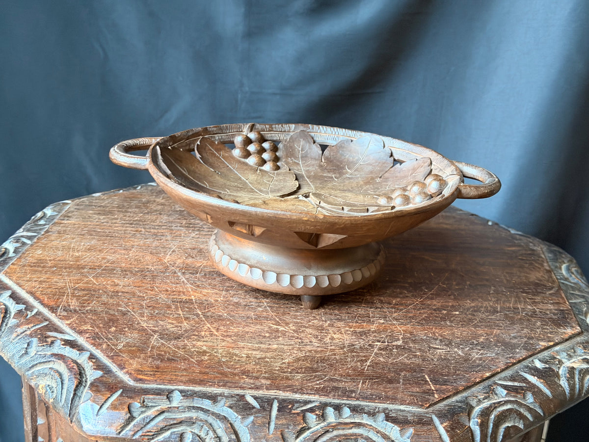 Vintage Hand Carved Wood Musical Fruit Bowl Grape Leaves Music Box Works 11 in