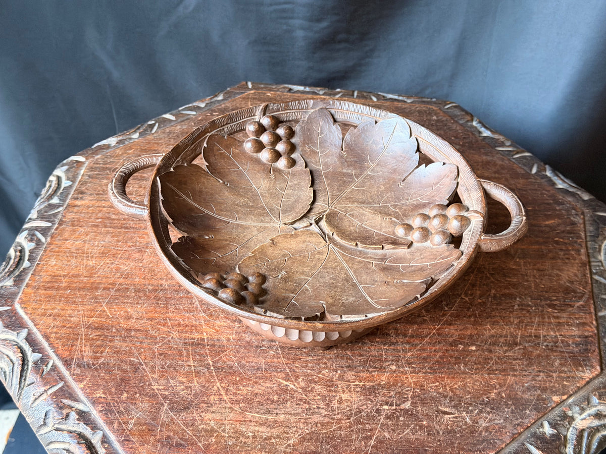 Vintage Hand Carved Wood Musical Fruit Bowl Grape Leaves Music Box Works 11 in