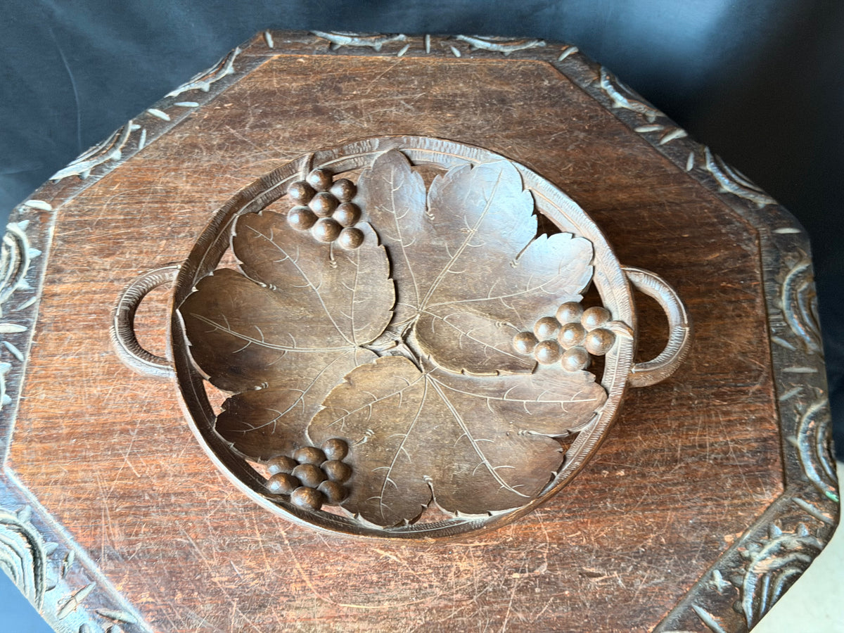 Vintage Hand Carved Wood Musical Fruit Bowl Grape Leaves Music Box Works 11 in