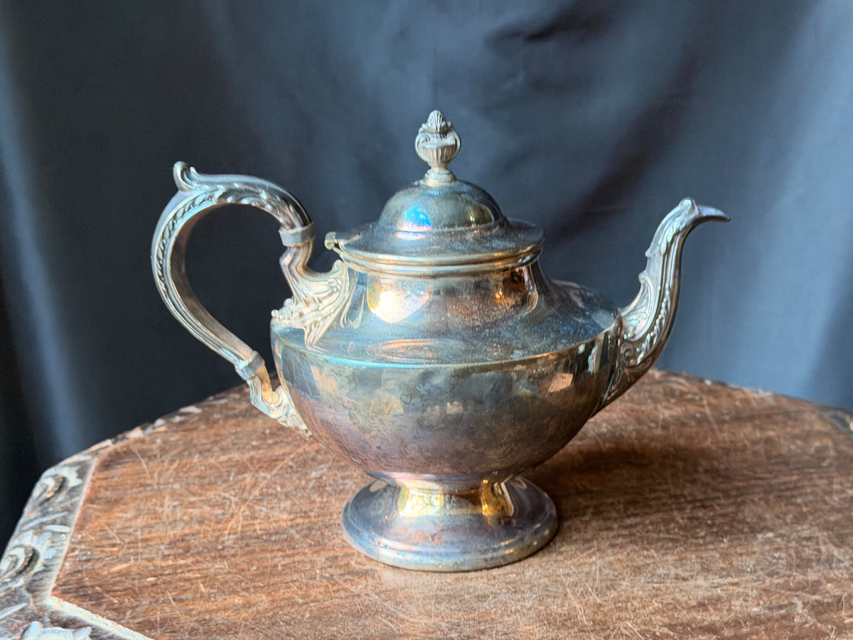 Vintage Poole Silverplate Teapot 1030 Footed Urn Finial Acanthus Spout 7.5 in