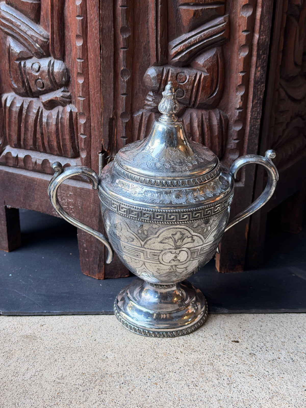 Antique Victorian Silverplate Covered Sugar Urn Greek Key Engraved 8.5 Inch
