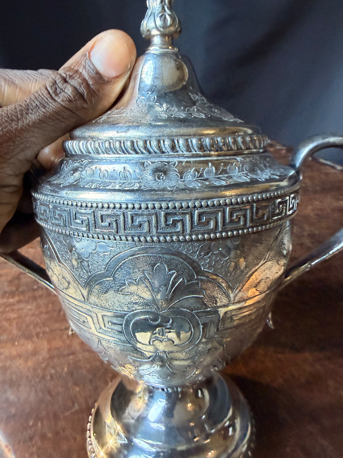 Antique Victorian Silverplate Covered Sugar Urn Greek Key Engraved 8.5 Inch