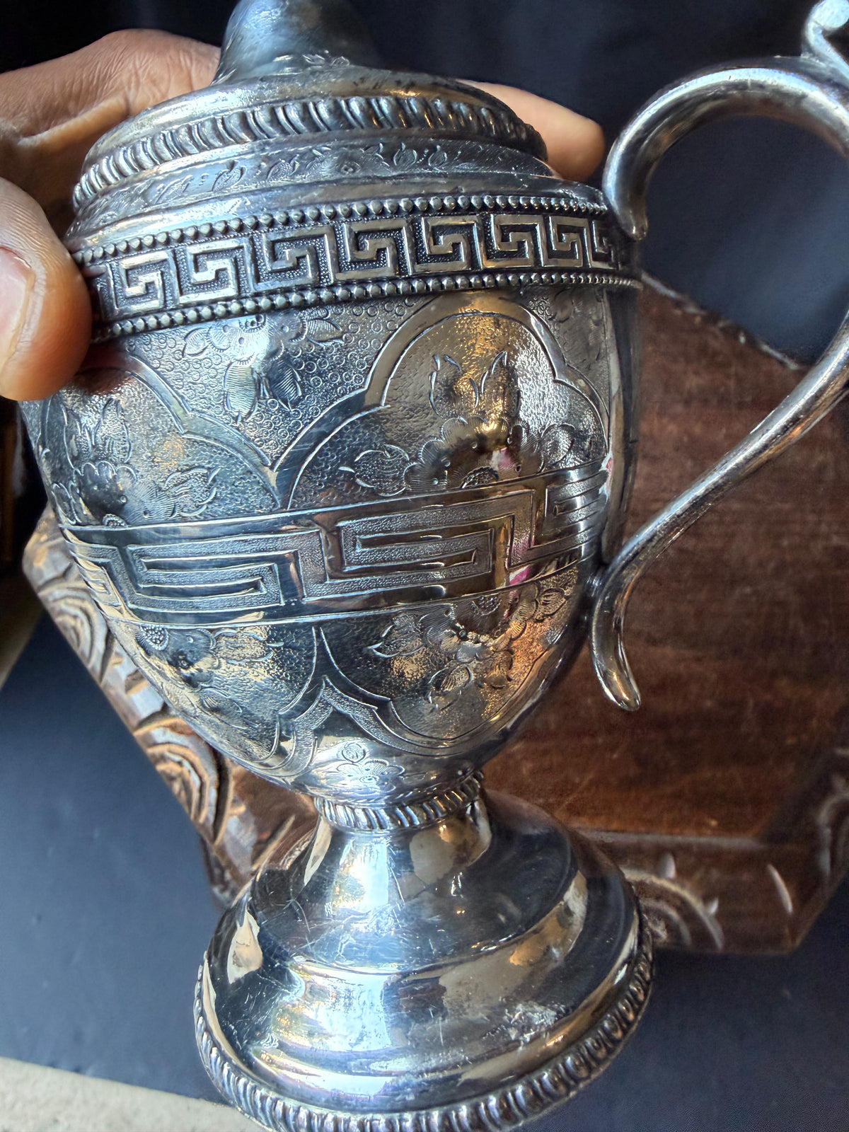 Antique Victorian Silverplate Covered Sugar Urn Greek Key Engraved 8.5 Inch