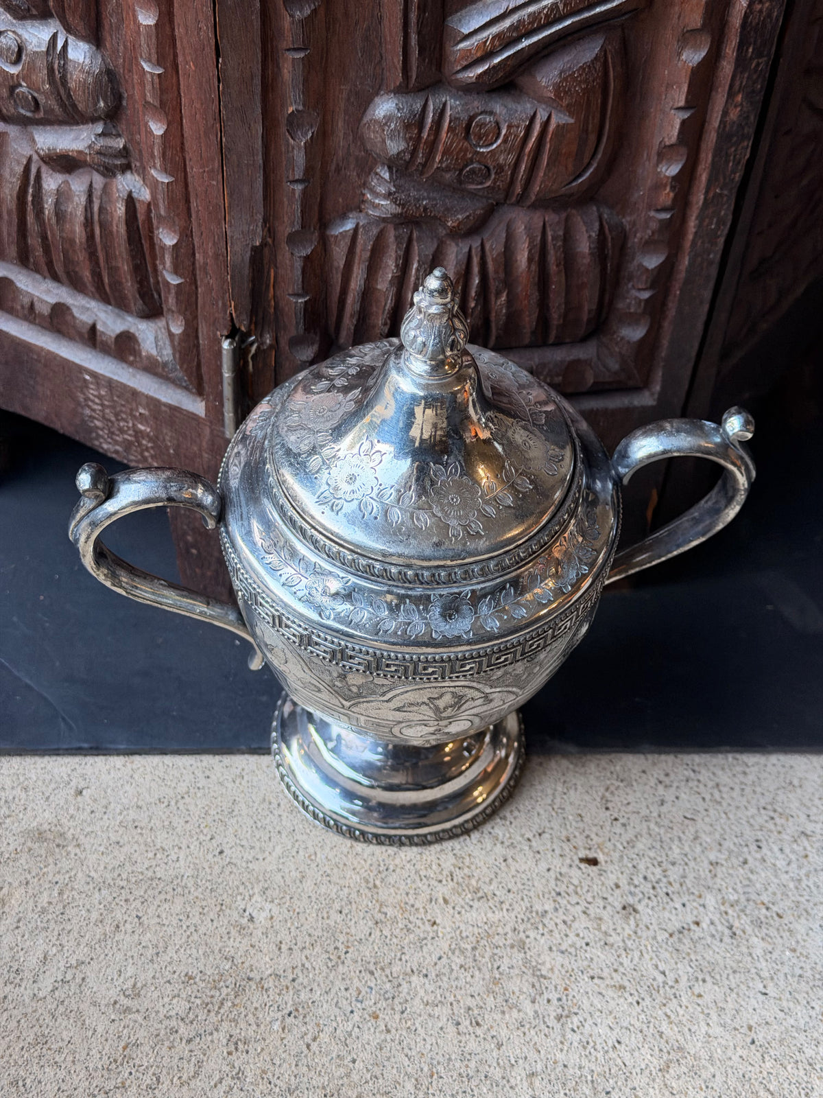 Antique Victorian Silverplate Covered Sugar Urn Greek Key Engraved 8.5 Inch