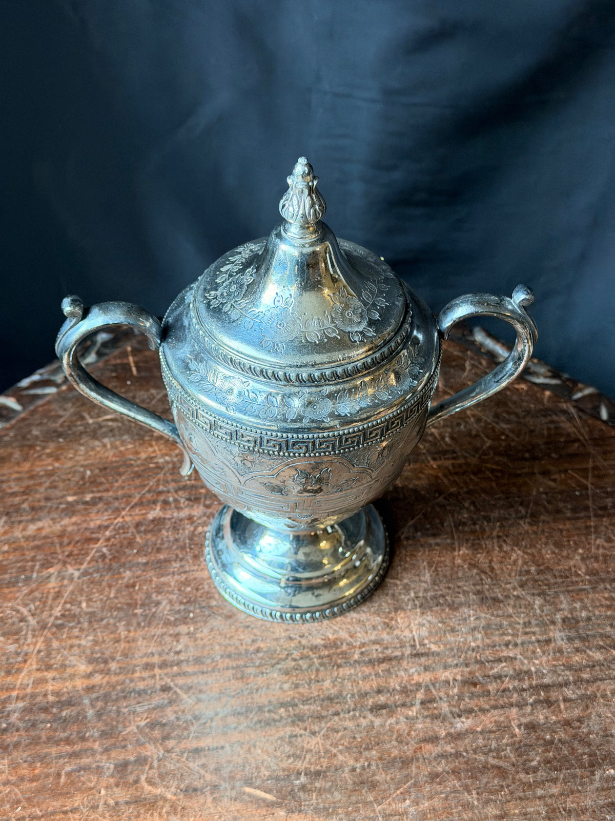 Antique Victorian Silverplate Covered Sugar Urn Greek Key Engraved 8.5 Inch