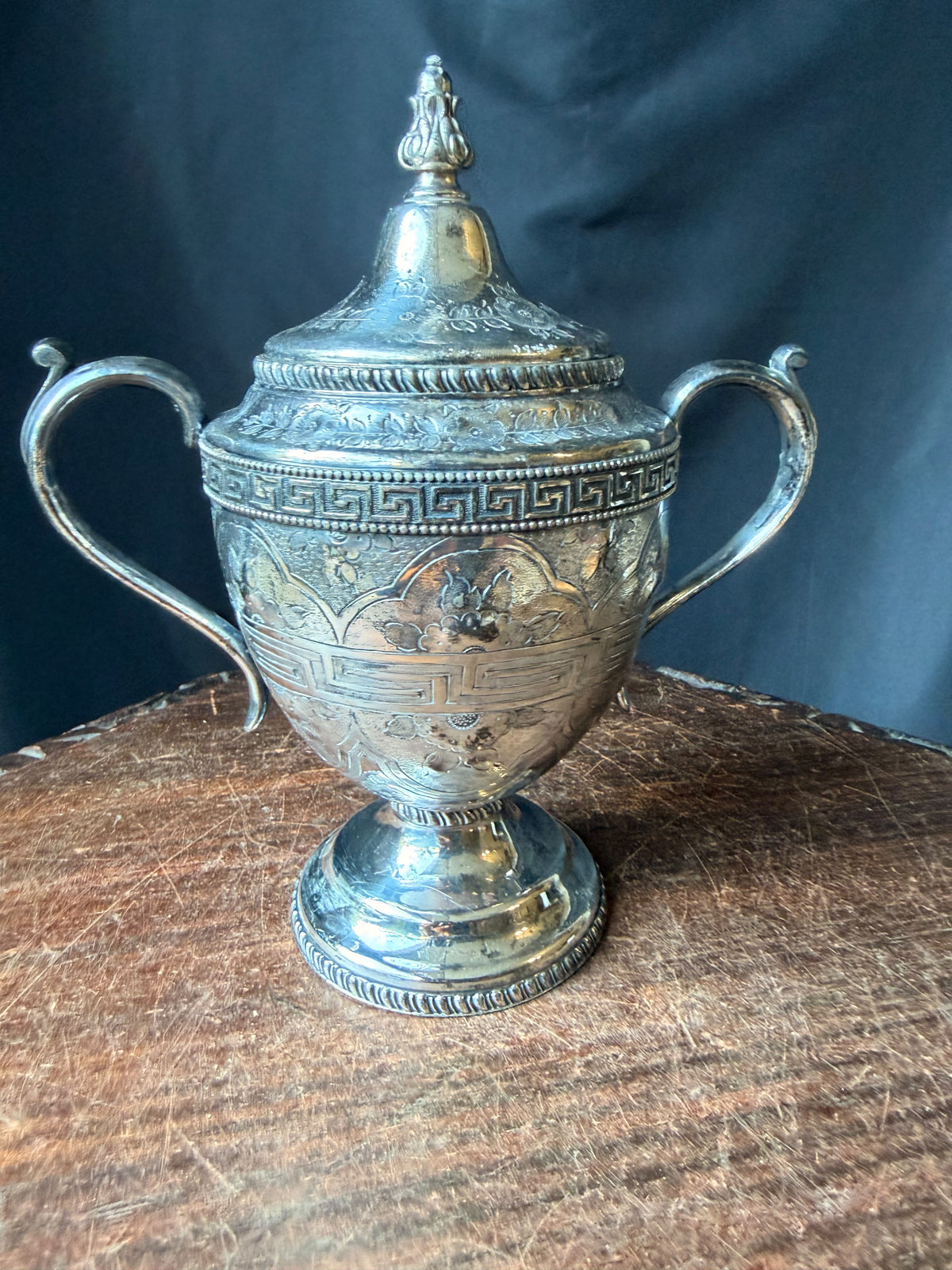 Antique Victorian Silverplate Covered Sugar Urn Greek Key Engraved 8.5 Inch