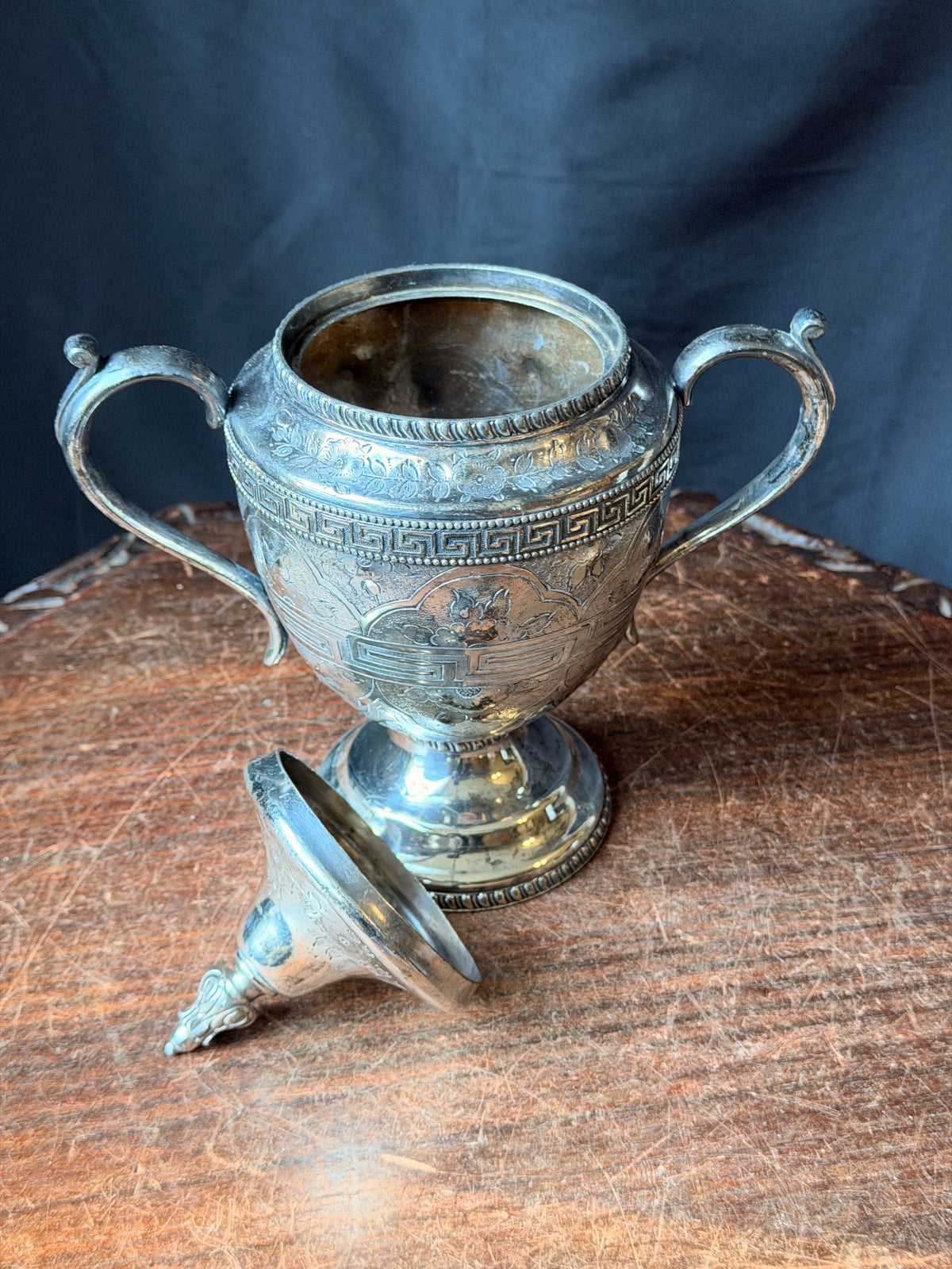 Antique Victorian Silverplate Covered Sugar Urn Greek Key Engraved 8.5 Inch