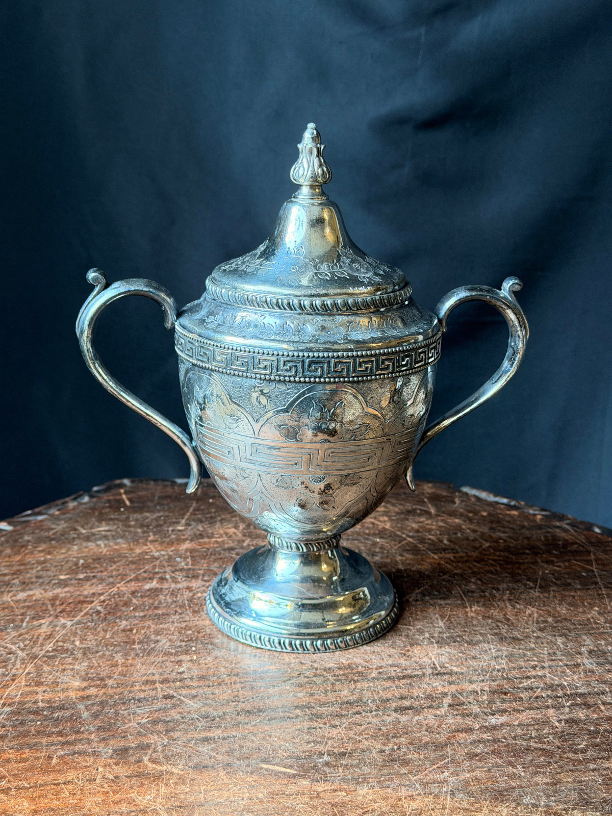 Antique Victorian Silverplate Covered Sugar Urn Greek Key Engraved 8.5 Inch