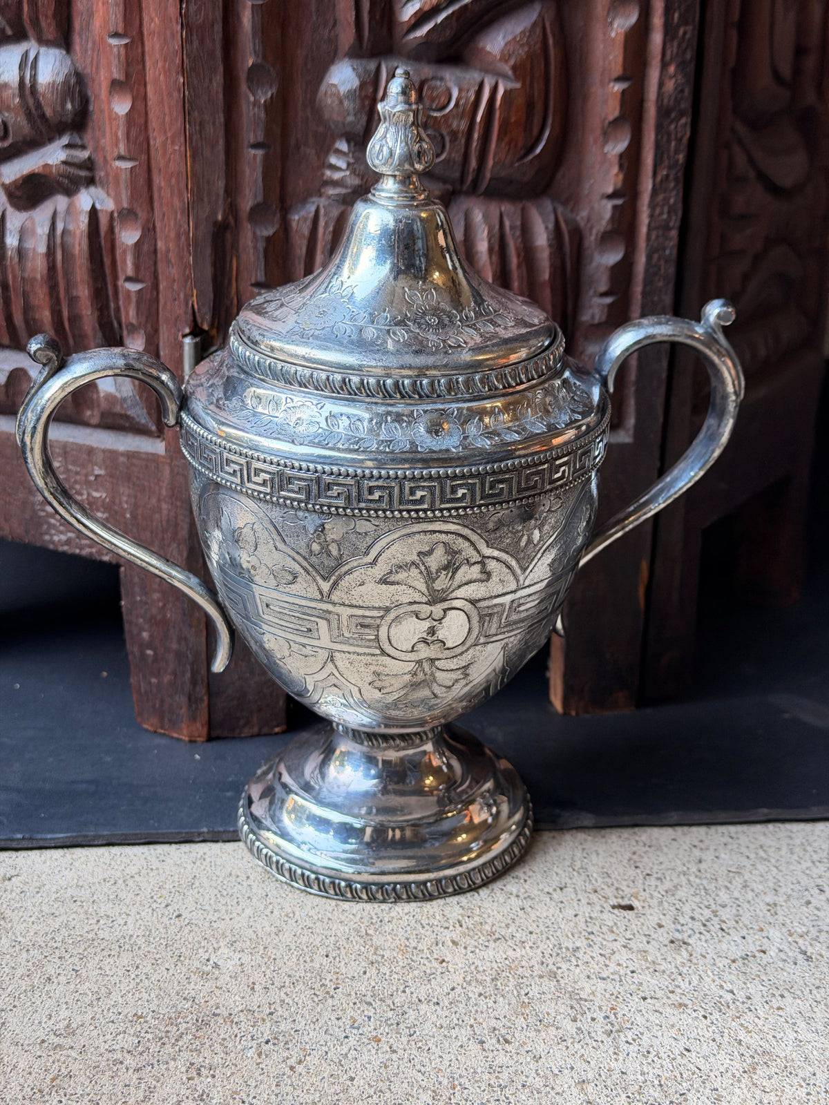 Antique Victorian Silverplate Covered Sugar Urn Greek Key Engraved 8.5 Inch