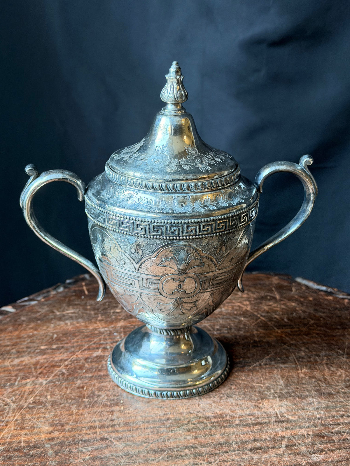Antique Victorian Silverplate Covered Sugar Urn Greek Key Engraved 8.5 Inch