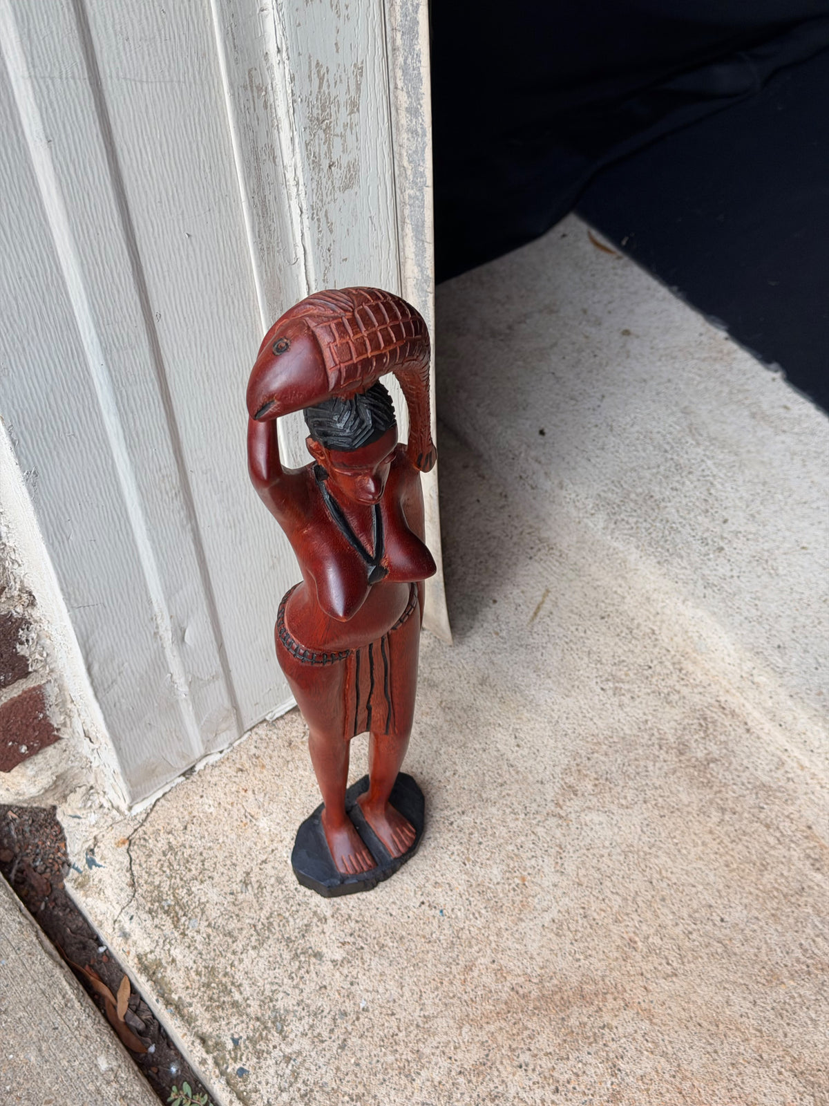 Vintage African Hand Carved Wood Woman Carrying Fish Statue Figure 17in