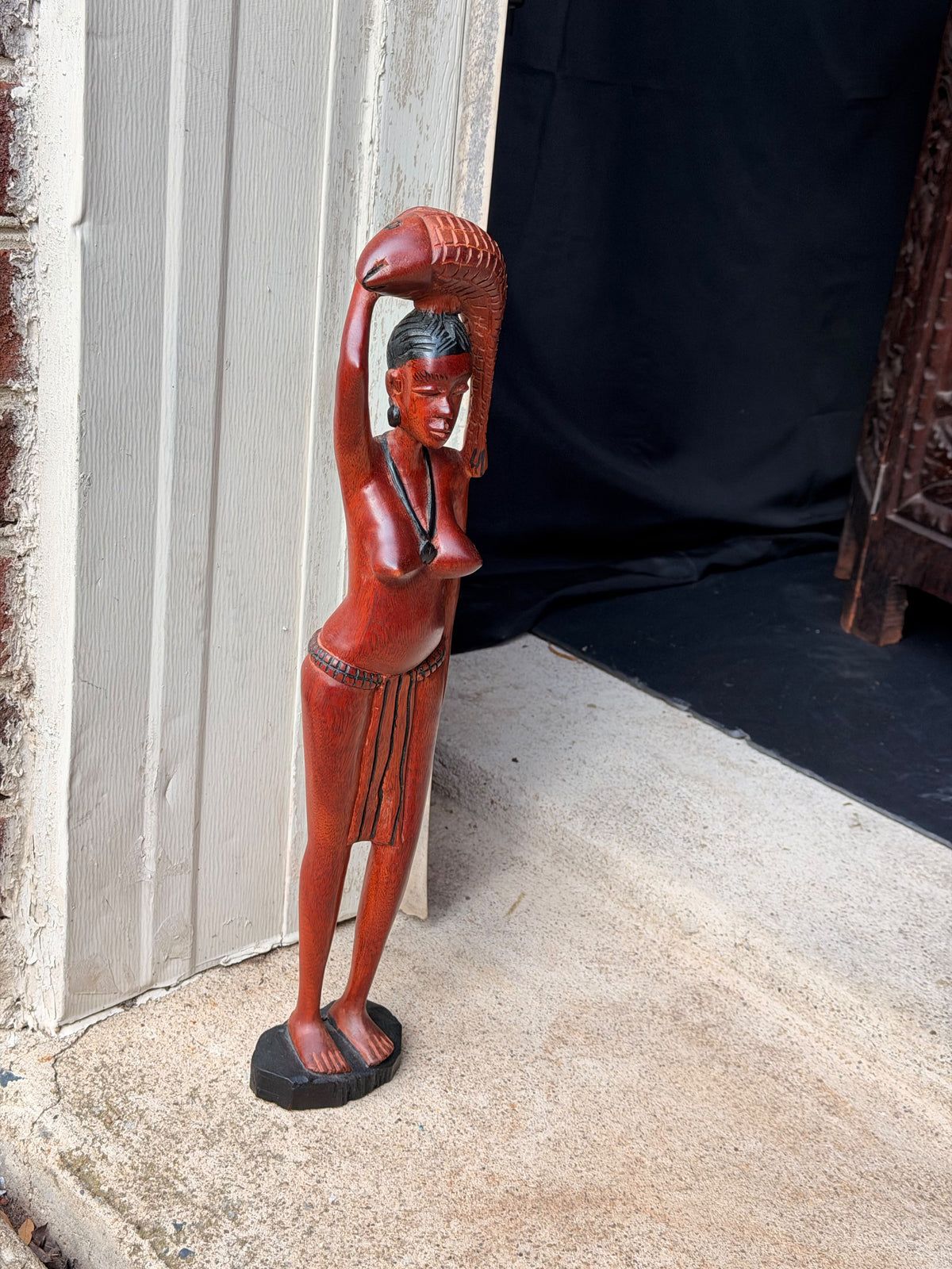 Vintage African Hand Carved Wood Woman Carrying Fish Statue Figure 17in