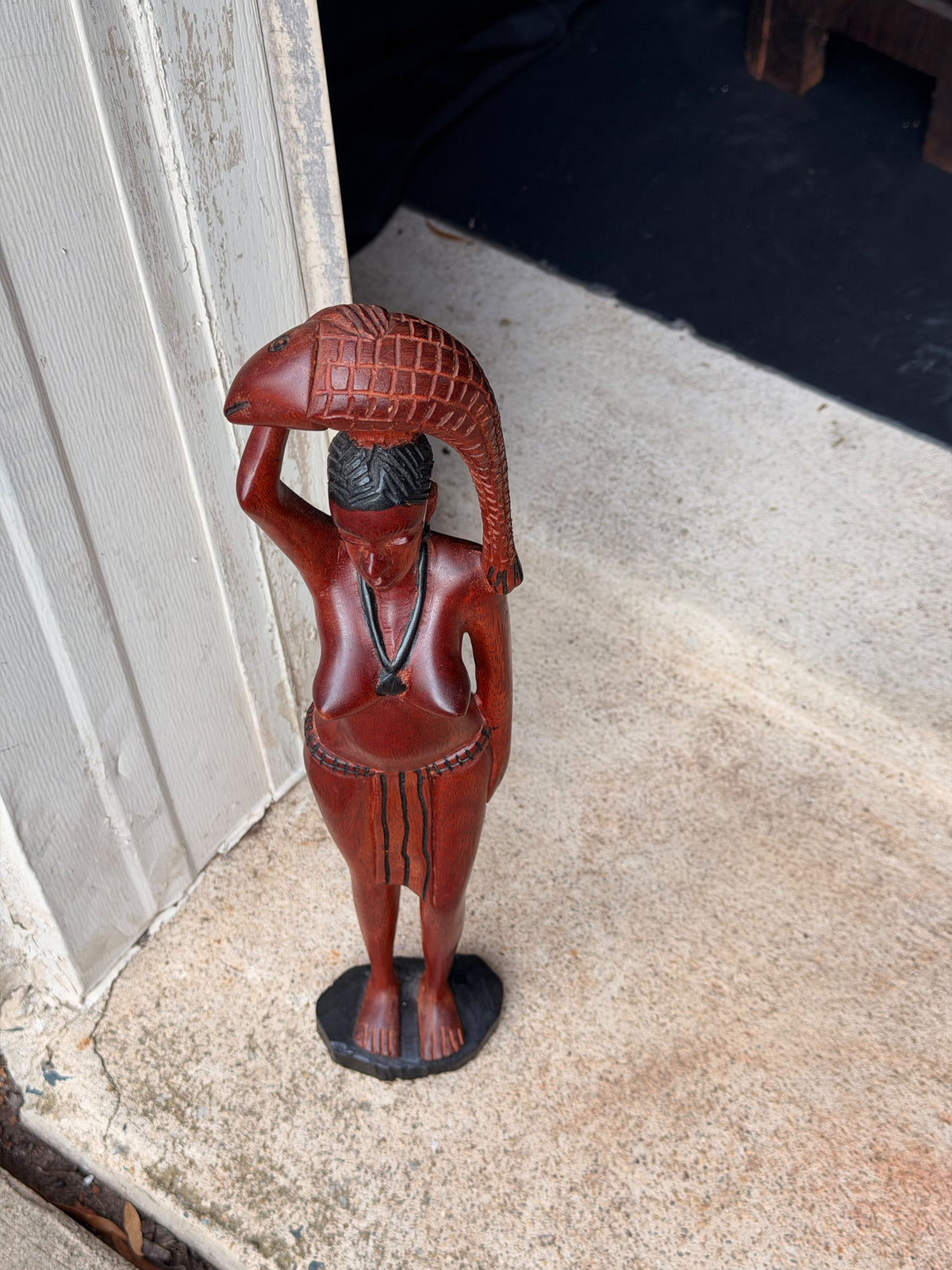 Vintage African Hand Carved Wood Woman Carrying Fish Statue Figure 17in