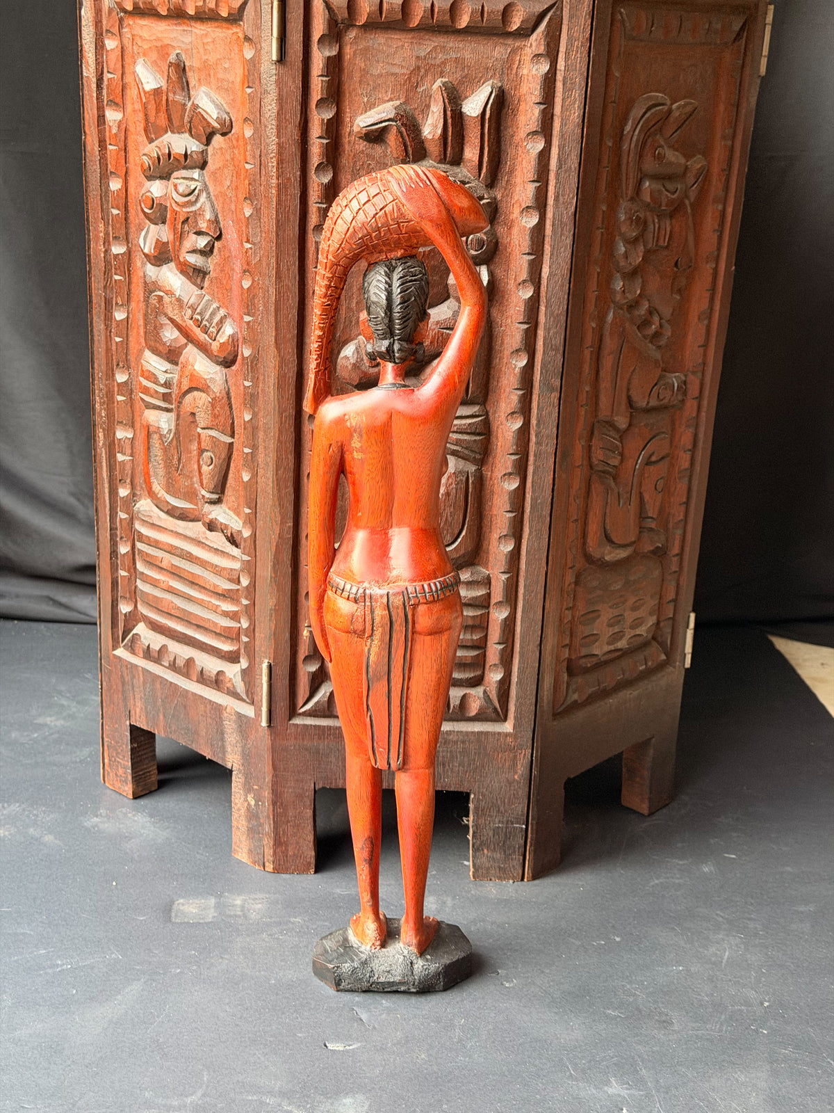 Vintage African Hand Carved Wood Woman Carrying Fish Statue Figure 17in