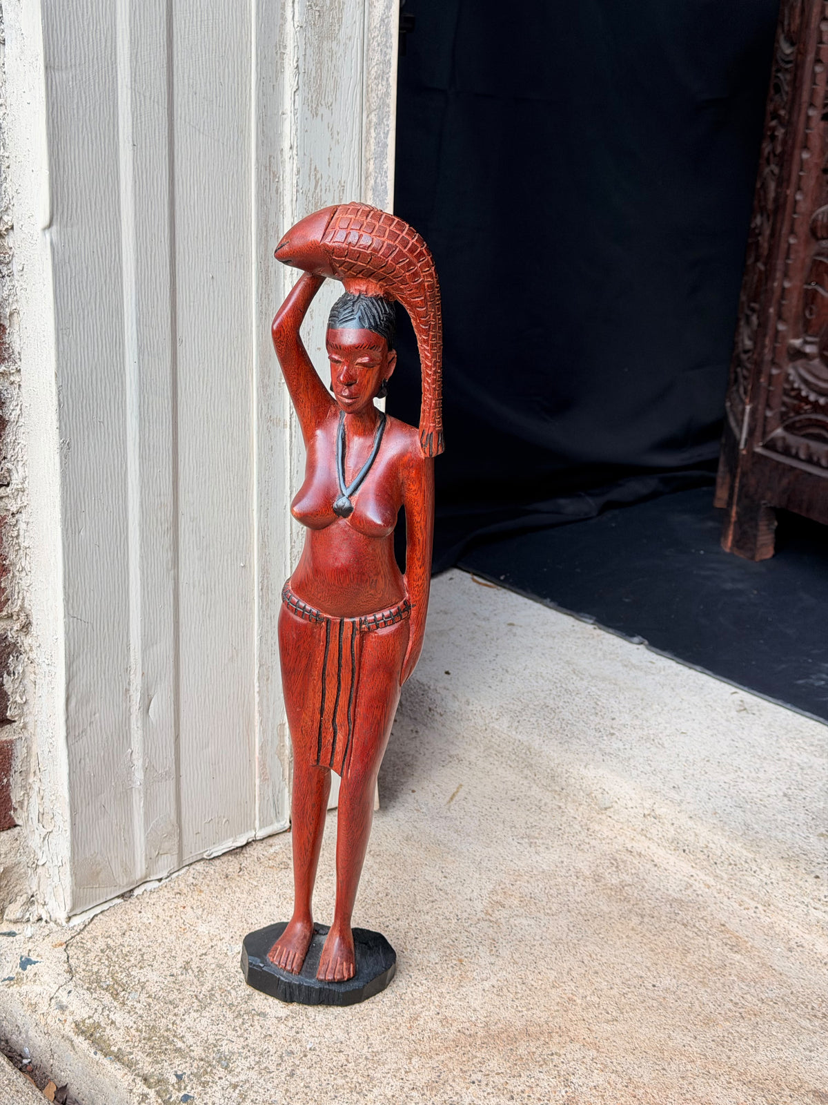 Vintage African Hand Carved Wood Woman Carrying Fish Statue Figure 17in