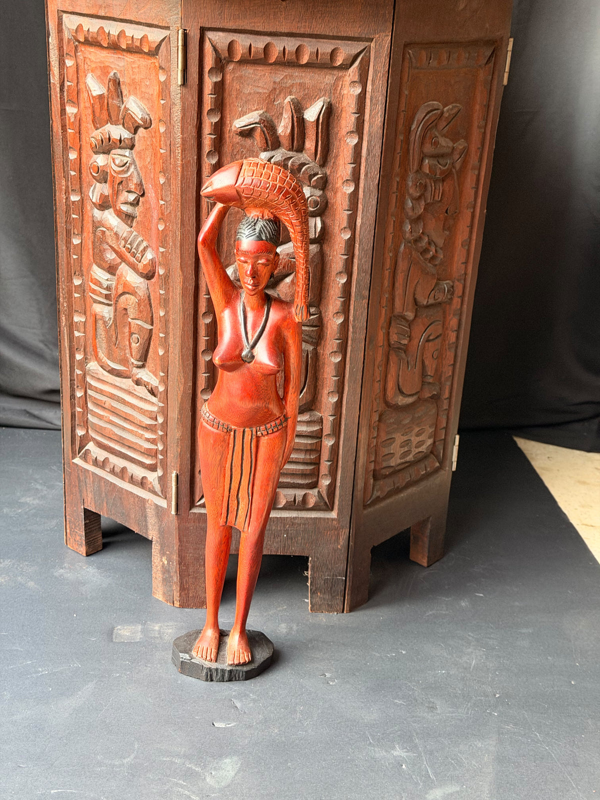 Vintage African Hand Carved Wood Woman Carrying Fish Statue Figure 17in