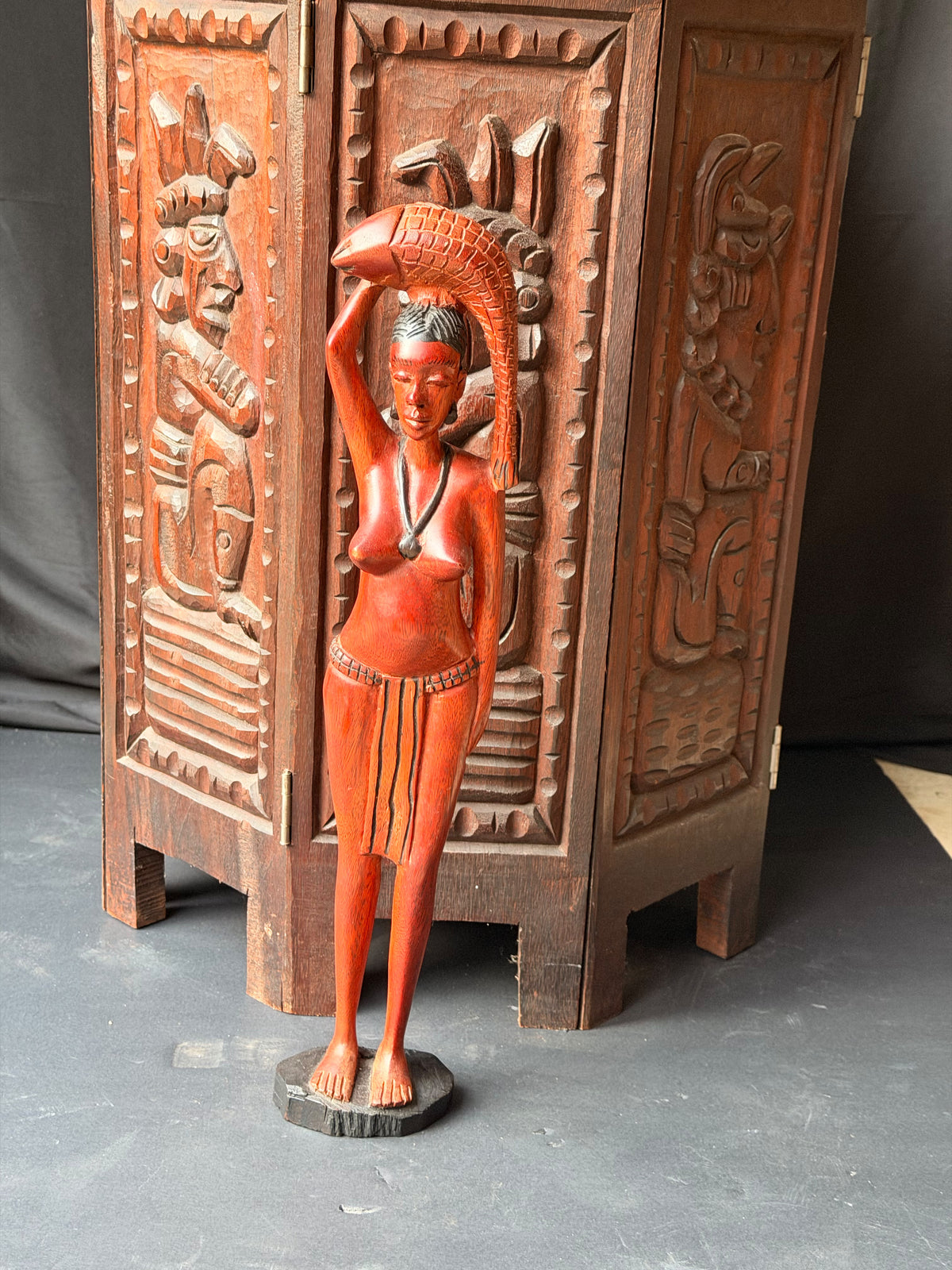 Vintage African Hand Carved Wood Woman Carrying Fish Statue Figure 17in