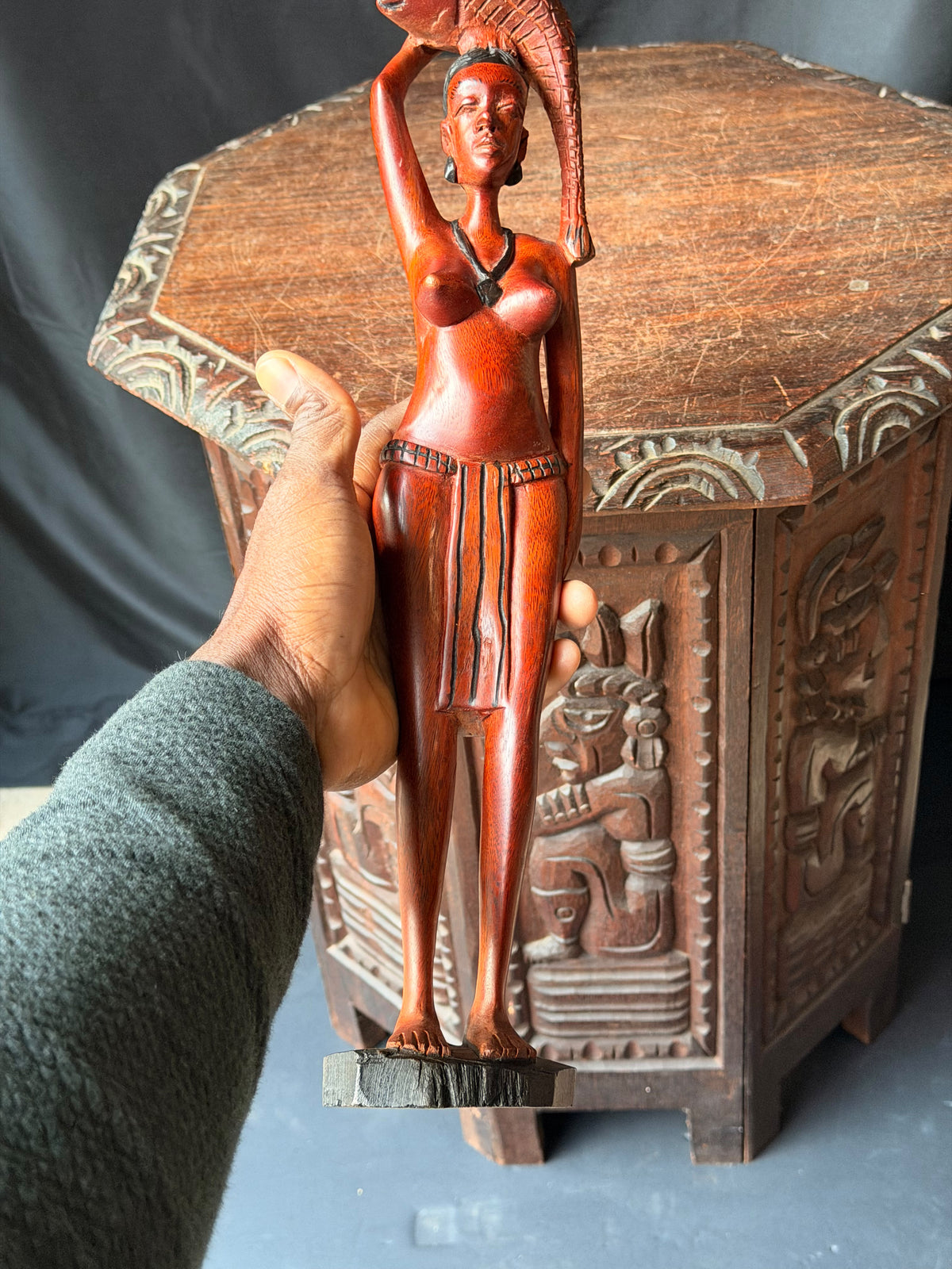 Vintage African Hand Carved Wood Woman Carrying Fish Statue Figure 17in