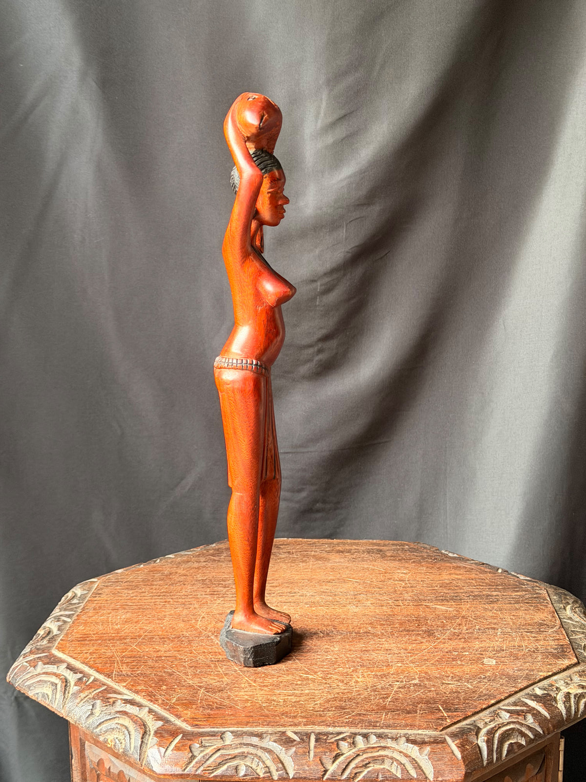 Vintage African Hand Carved Wood Woman Carrying Fish Statue Figure 17in