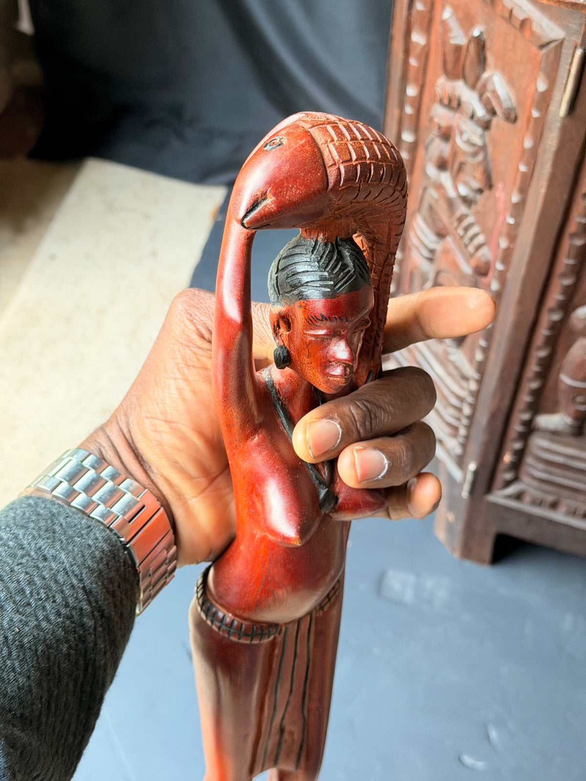 Vintage African Hand Carved Wood Woman Carrying Fish Statue Figure 17in
