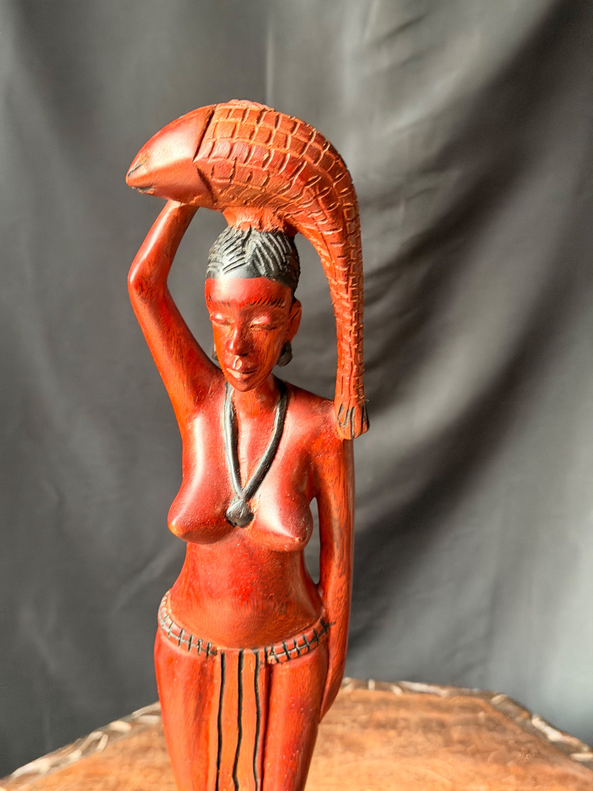 Vintage African Hand Carved Wood Woman Carrying Fish Statue Figure 17in