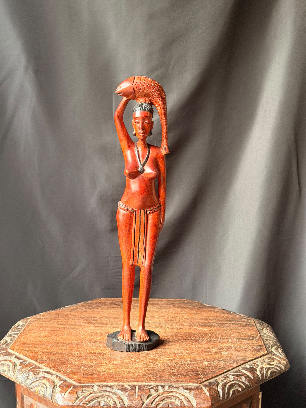 Vintage African Hand Carved Wood Woman Carrying Fish Statue Figure 17in