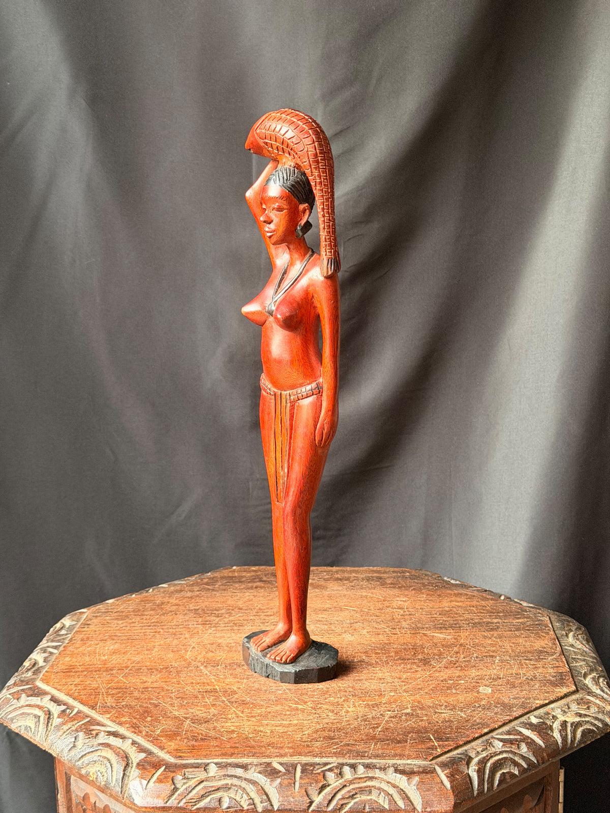 Vintage African Hand Carved Wood Woman Carrying Fish Statue Figure 17in