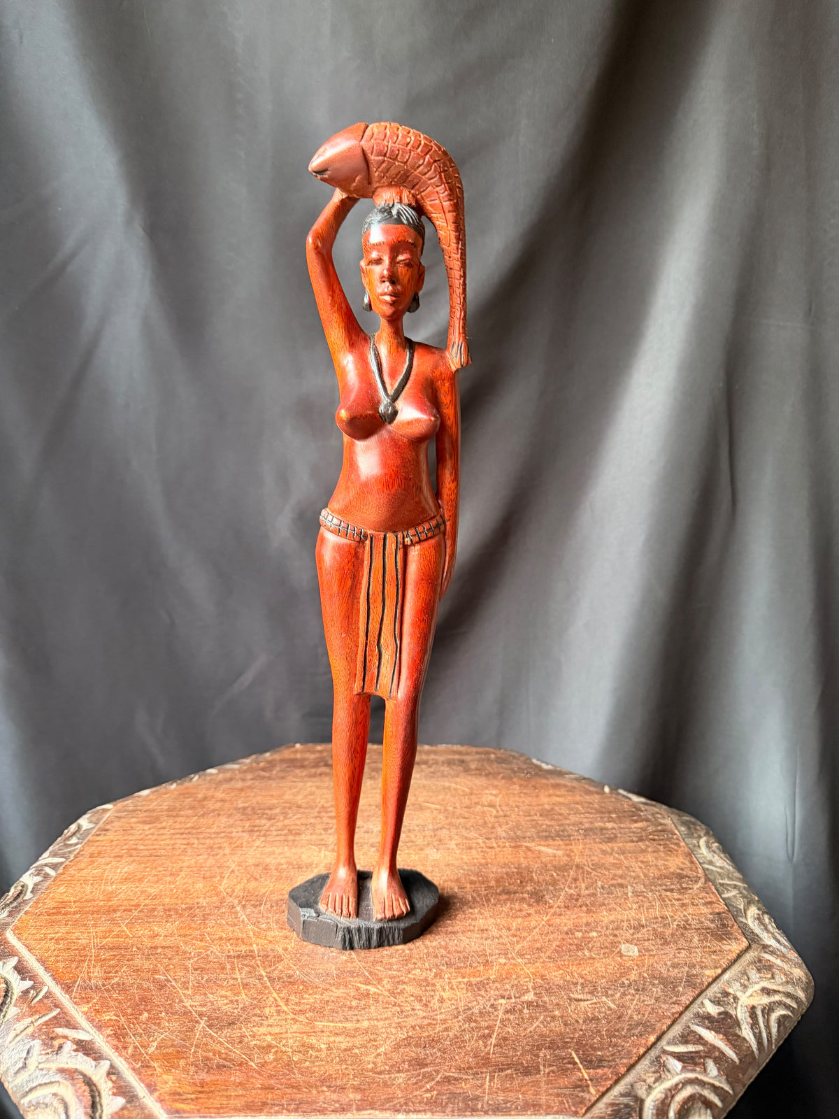 Vintage African Hand Carved Wood Woman Carrying Fish Statue Figure 17in