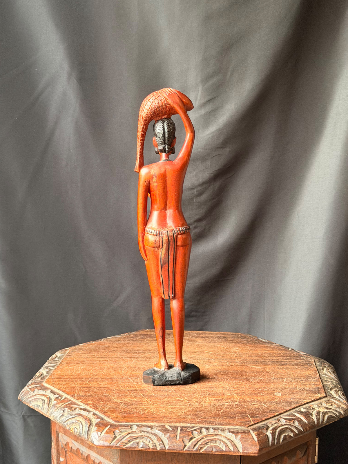 Vintage African Hand Carved Wood Woman Carrying Fish Statue Figure 17in