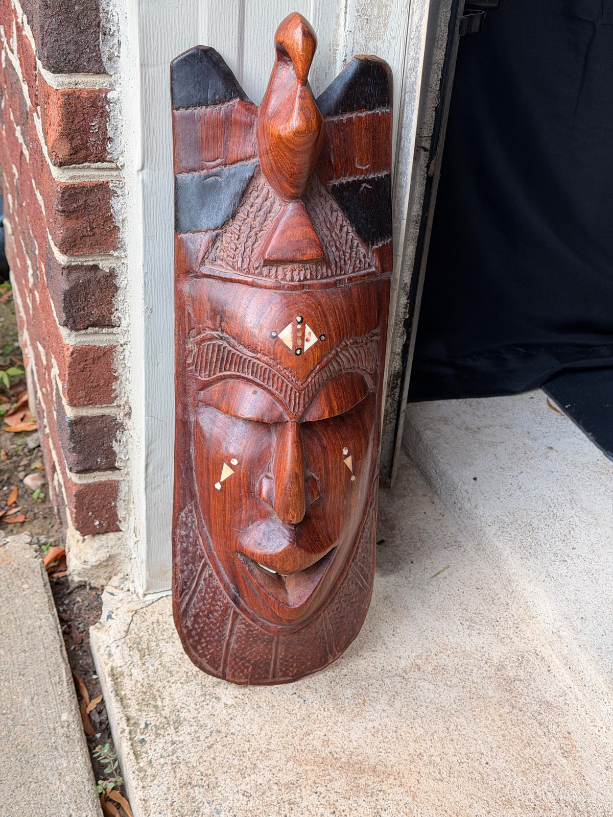 Vintage African Hand Carved Wood Mask Bird Crest Bovine Bone Inlay Wall Art 28in