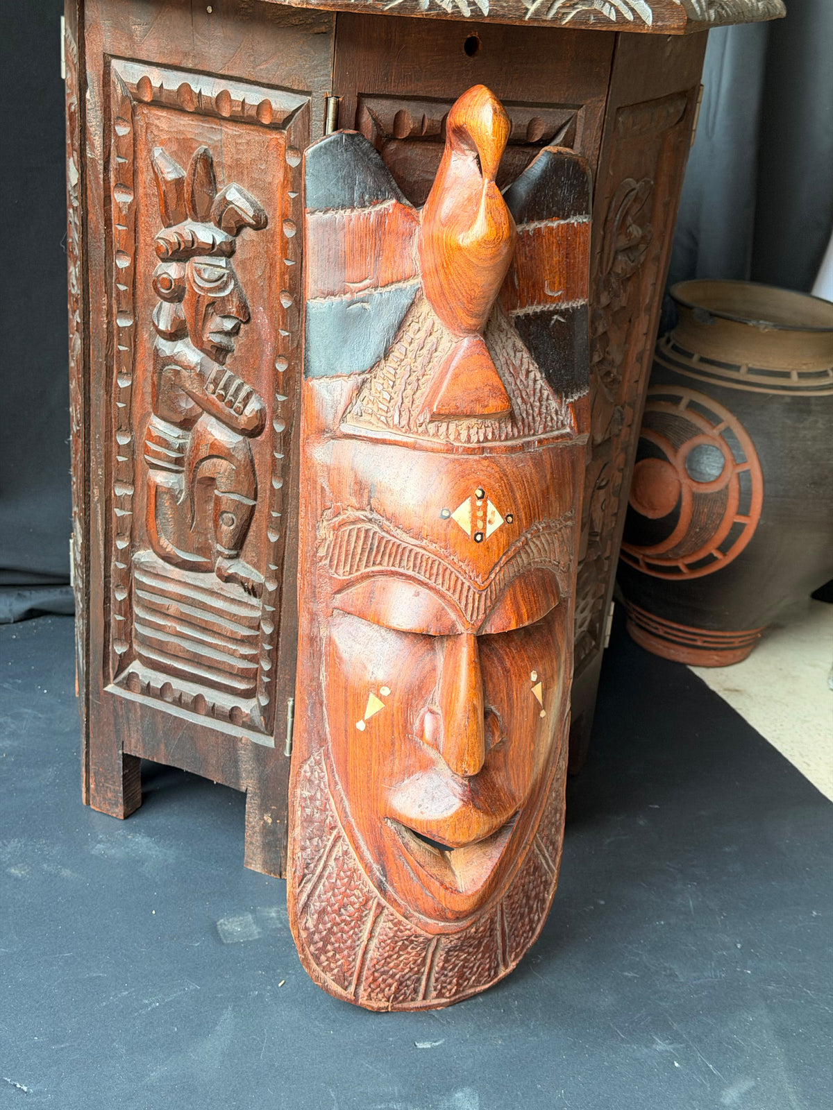Vintage African Hand Carved Wood Mask Bird Crest Bovine Bone Inlay Wall Art 28in